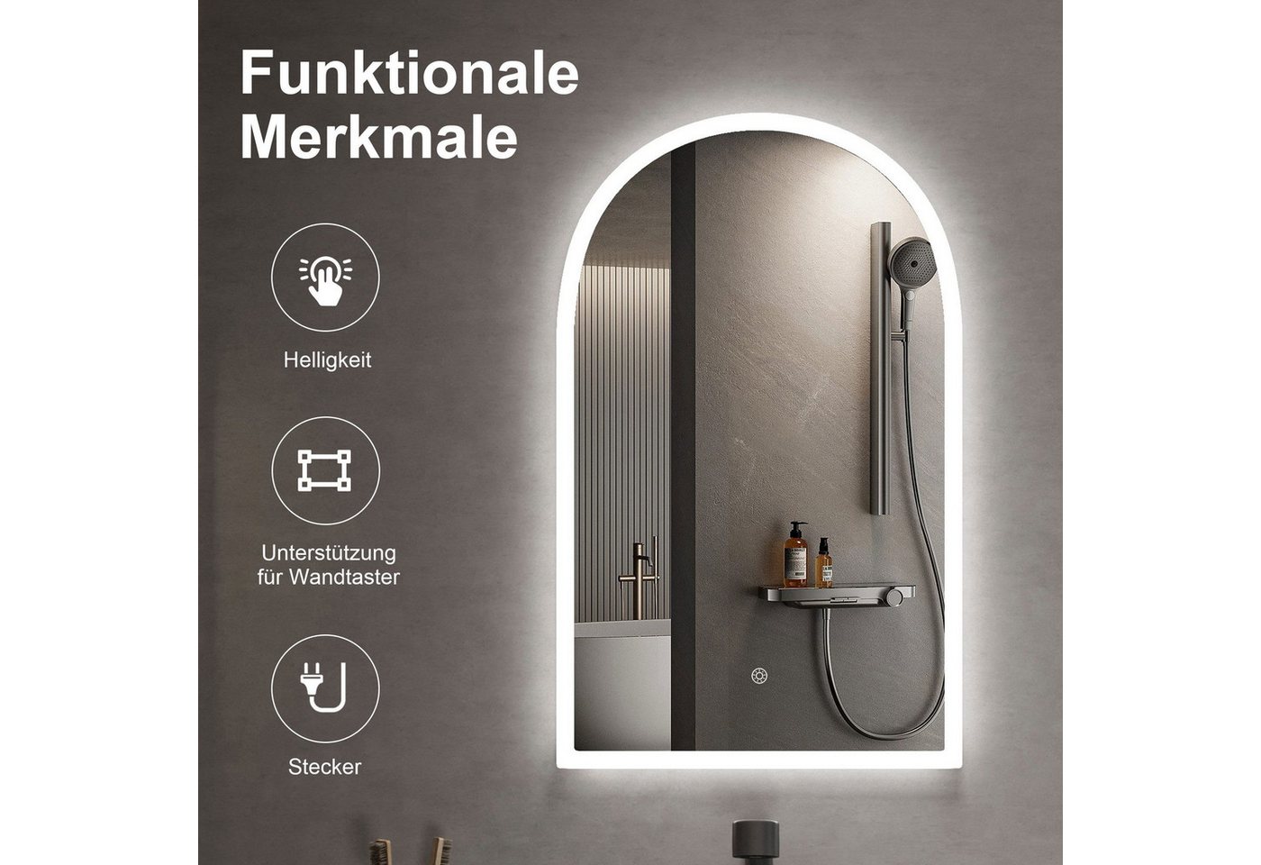 radelldar Badspiegel mit LED-Beleuchtung, 3 Lichtfarben, dimmbar, mit Touch-Steuerung (1-St), LED-Wandspiegel Badezimmerspiegel, 50×80 cm, bogenförmig – Bild 5 von 5