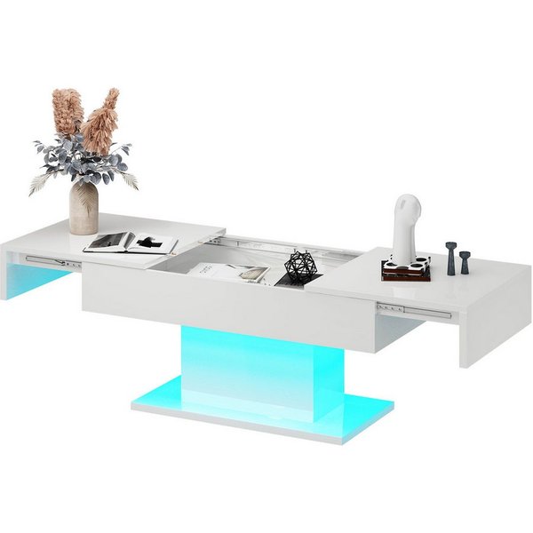 radelldar Couchtisch Hochglanz ausziehbar, 108-175x53x49cm (1-St), Wohnzimmertisch mit Stauraum für Sofa, LED-Beleuchtung