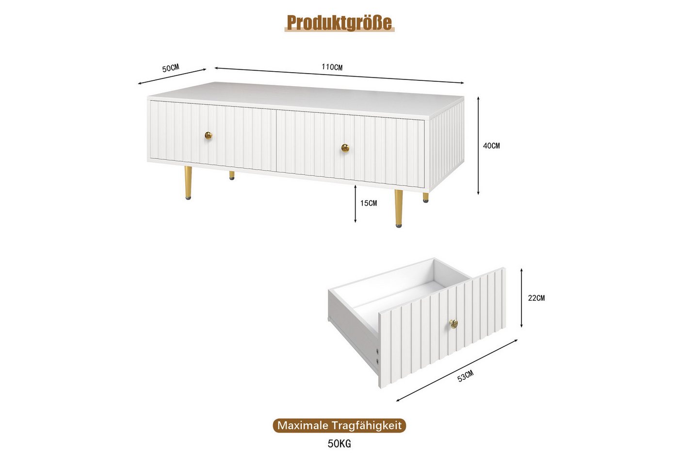 radelldar Couchtisch Kaffeetisch, Sofatisch mit 2 Schubladen und Metallfüßen (1-St) – Bild 2 von 5