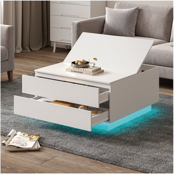 radelldar Couchtisch mit 2 Schubladen und aufklappbarer Tischplatte, 78x78x40cm (1-St), Wohnzimmertisch Beistelltisch mit LED-Beleuchtung