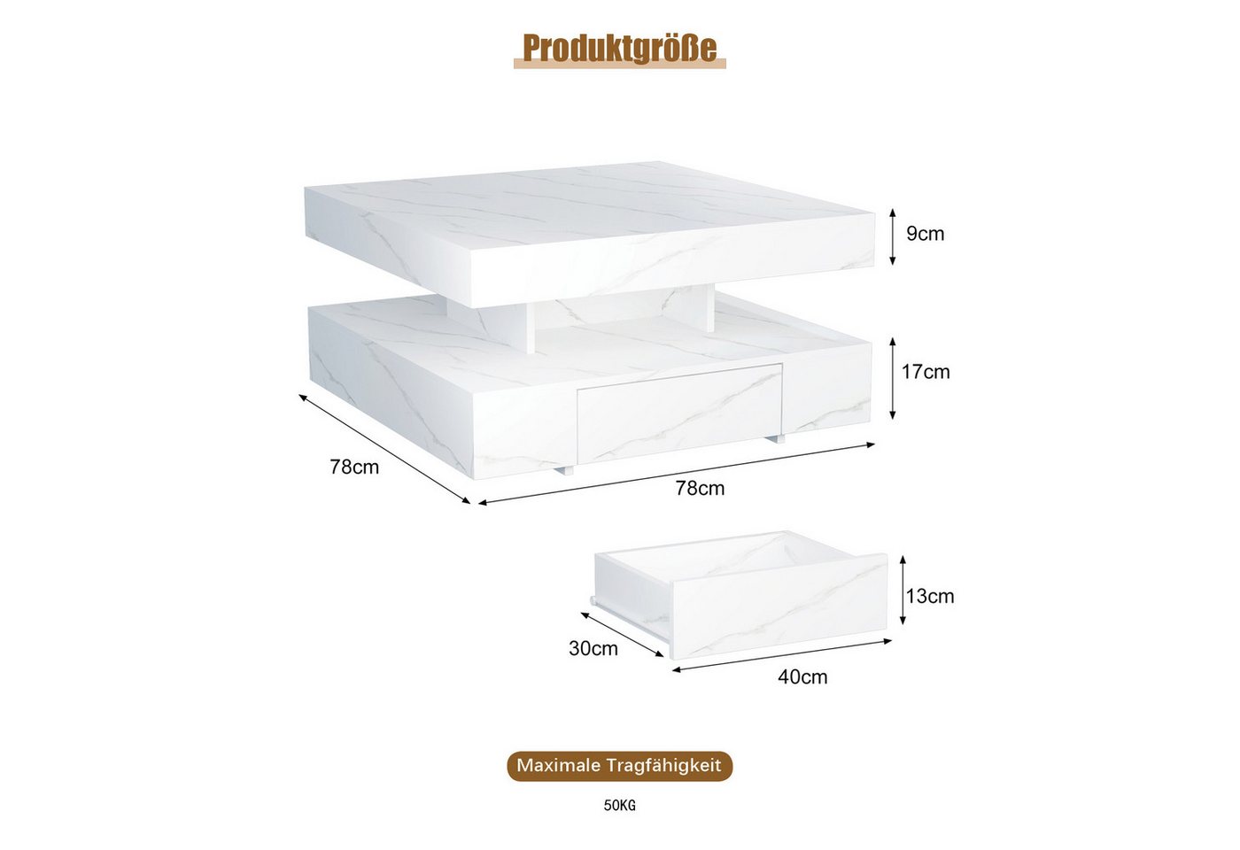 radelldar Couchtisch mit LED-Beleuchtung, 2 Schubladen und verdecktem Stauraum (1-St), Wohnzimmertisch matt 78x78x40 cm – Bild 2 von 5