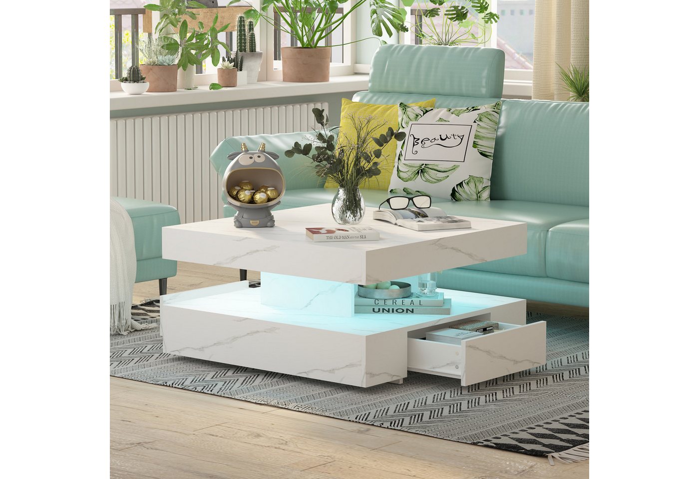 radelldar Couchtisch mit LED-Beleuchtung, 2 Schubladen und verdecktem Stauraum (1-St), Wohnzimmertisch matt 78x78x40 cm – Bild 3 von 5