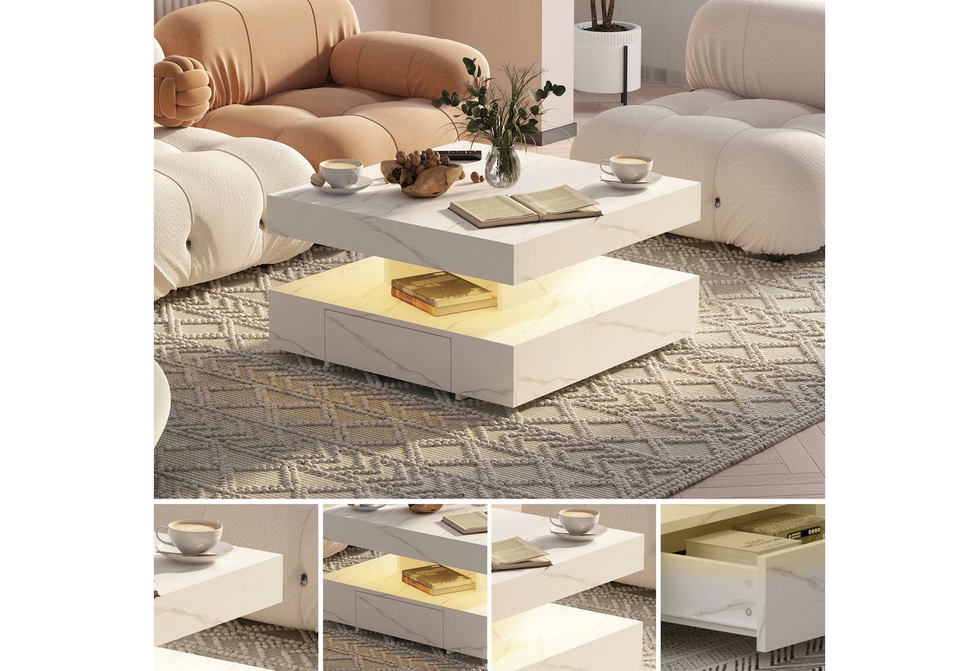radelldar Couchtisch mit LED-Beleuchtung, 2 Schubladen und verdecktem Stauraum (1-St), Wohnzimmertisch matt 78x78x40 cm – Bild 5 von 5
