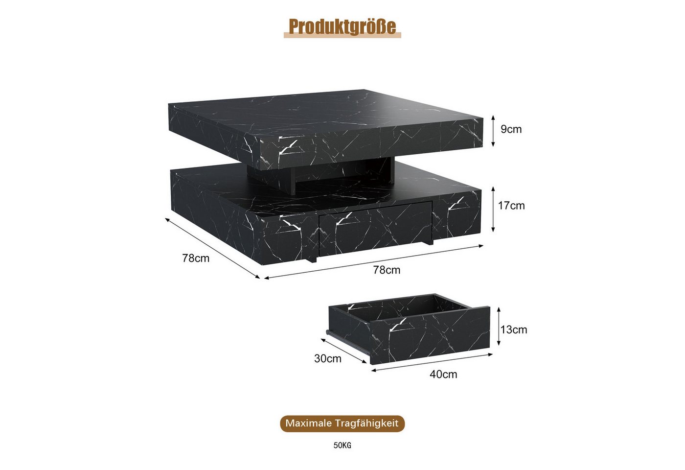 radelldar Couchtisch mit LED-Beleuchtung, 2 Schubladen und verdecktem Stauraum (1-St), Wohnzimmertisch matt 78x78x40 cm – Bild 2 von 5