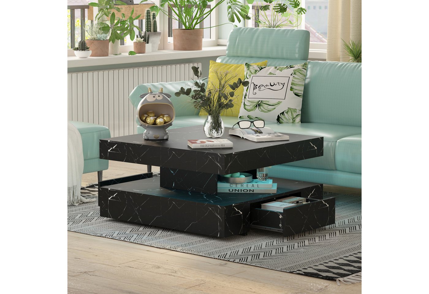 radelldar Couchtisch mit LED-Beleuchtung, 2 Schubladen und verdecktem Stauraum (1-St), Wohnzimmertisch matt 78x78x40 cm – Bild 3 von 5