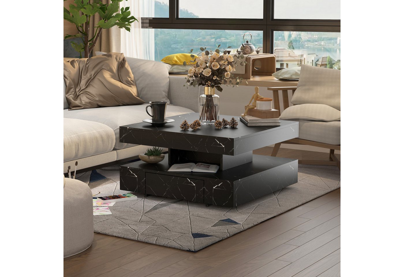 radelldar Couchtisch mit LED-Beleuchtung, 2 Schubladen und verdecktem Stauraum (1-St), Wohnzimmertisch matt 78x78x40 cm – Bild 4 von 5