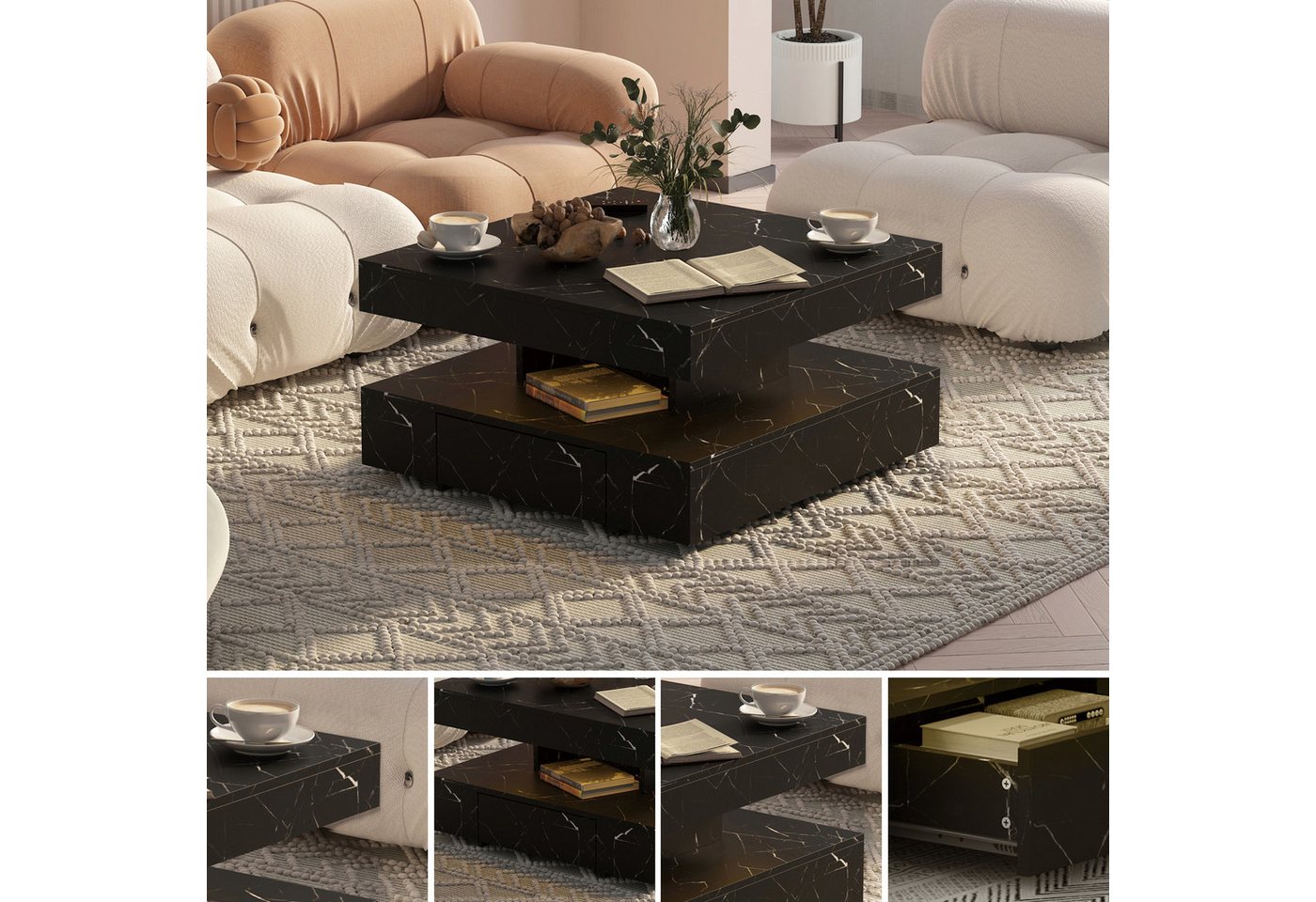radelldar Couchtisch mit LED-Beleuchtung, 2 Schubladen und verdecktem Stauraum (1-St), Wohnzimmertisch matt 78x78x40 cm – Bild 5 von 5