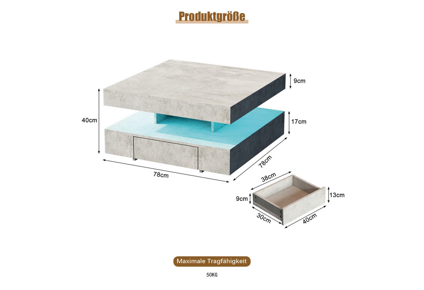 radelldar Couchtisch mit LED-Beleuchtung, 2 Schubladen und verdecktem Stauraum (1-St), Wohnzimmertisch matt 78x78x40 cm – Bild 2 von 5