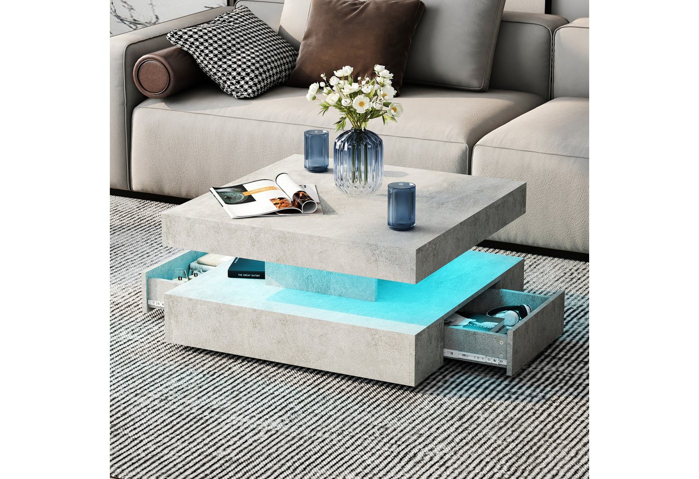 radelldar Couchtisch mit LED-Beleuchtung, 2 Schubladen und verdecktem Stauraum (1-St), Wohnzimmertisch matt 78x78x40 cm – Bild 3 von 5