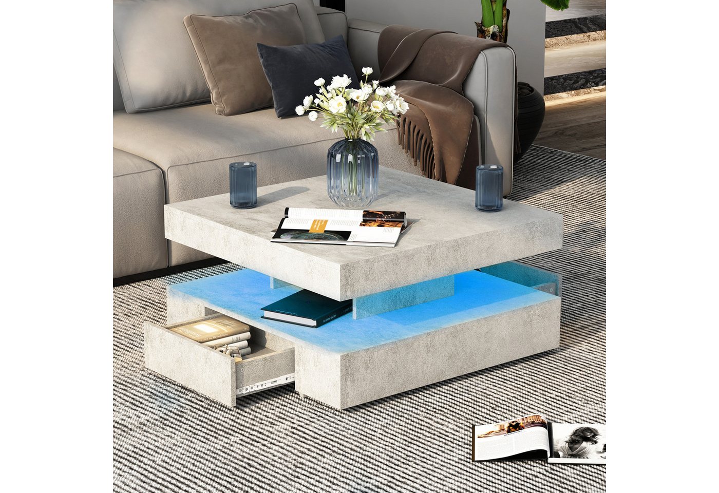 radelldar Couchtisch mit LED-Beleuchtung, 2 Schubladen und verdecktem Stauraum (1-St), Wohnzimmertisch matt 78x78x40 cm – Bild 4 von 5
