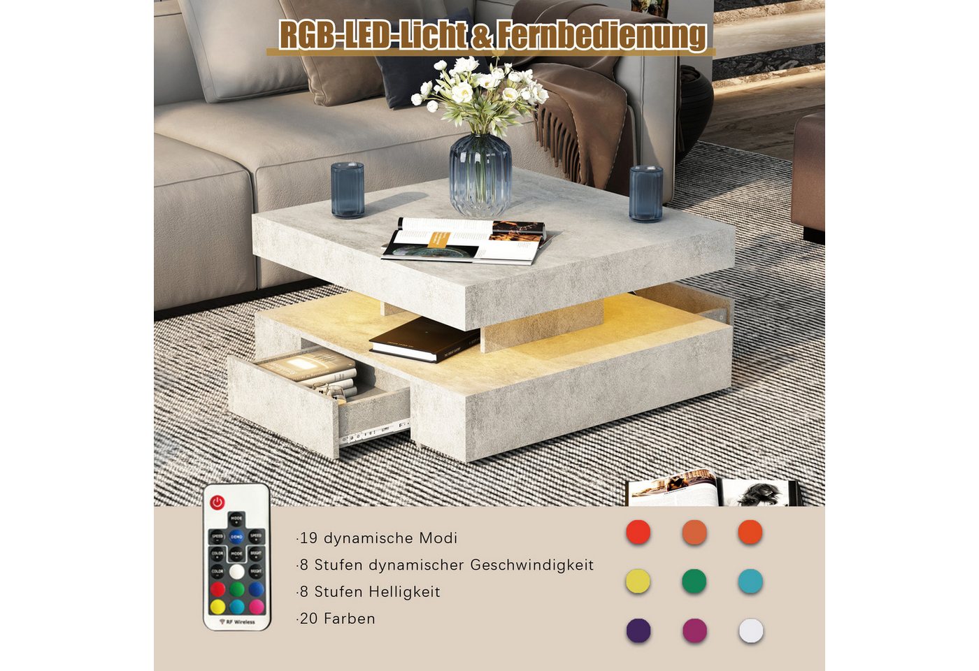 radelldar Couchtisch mit LED-Beleuchtung, 2 Schubladen und verdecktem Stauraum (1-St), Wohnzimmertisch matt 78x78x40 cm – Bild 5 von 5