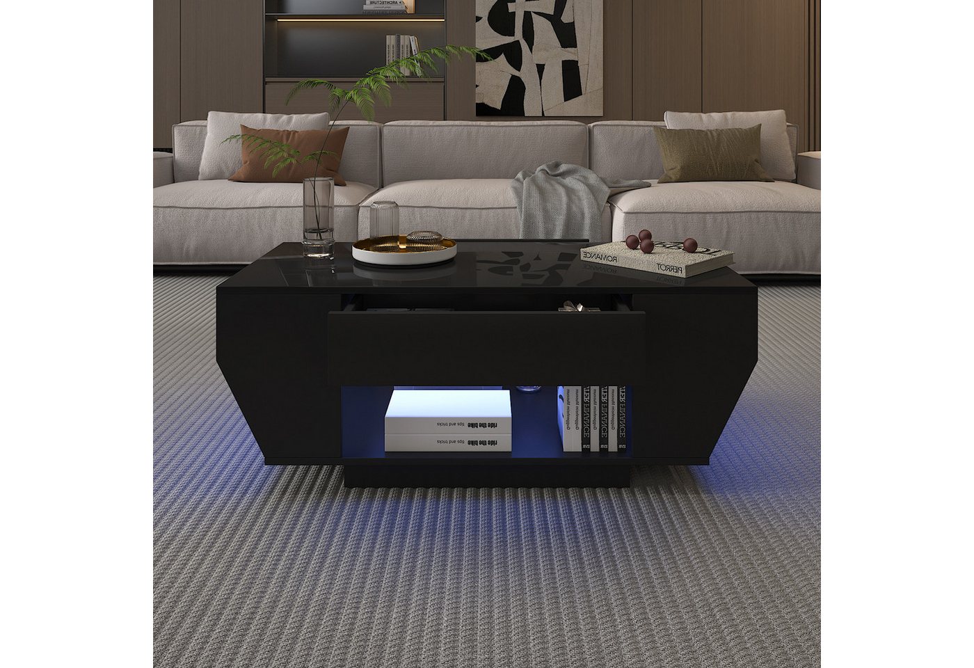 radelldar Couchtisch mit LED-Beleuchtung & 2 Schubladen, Hochglanz-Weiß/Schwarz (1-St), Boot-Form Design, Fernbedienung für dein Wohnzimmer – Bild 3 von 5