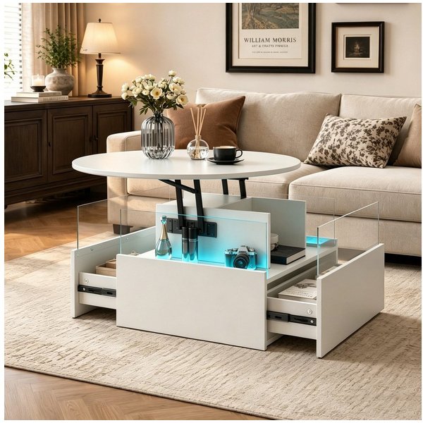 radelldar Couchtisch mit LED Beleuchtung, höhenverstellbarer Wohnzimmertisch, 78x78x40cm (1-St., 1 Tisch), höhenverstellbarer