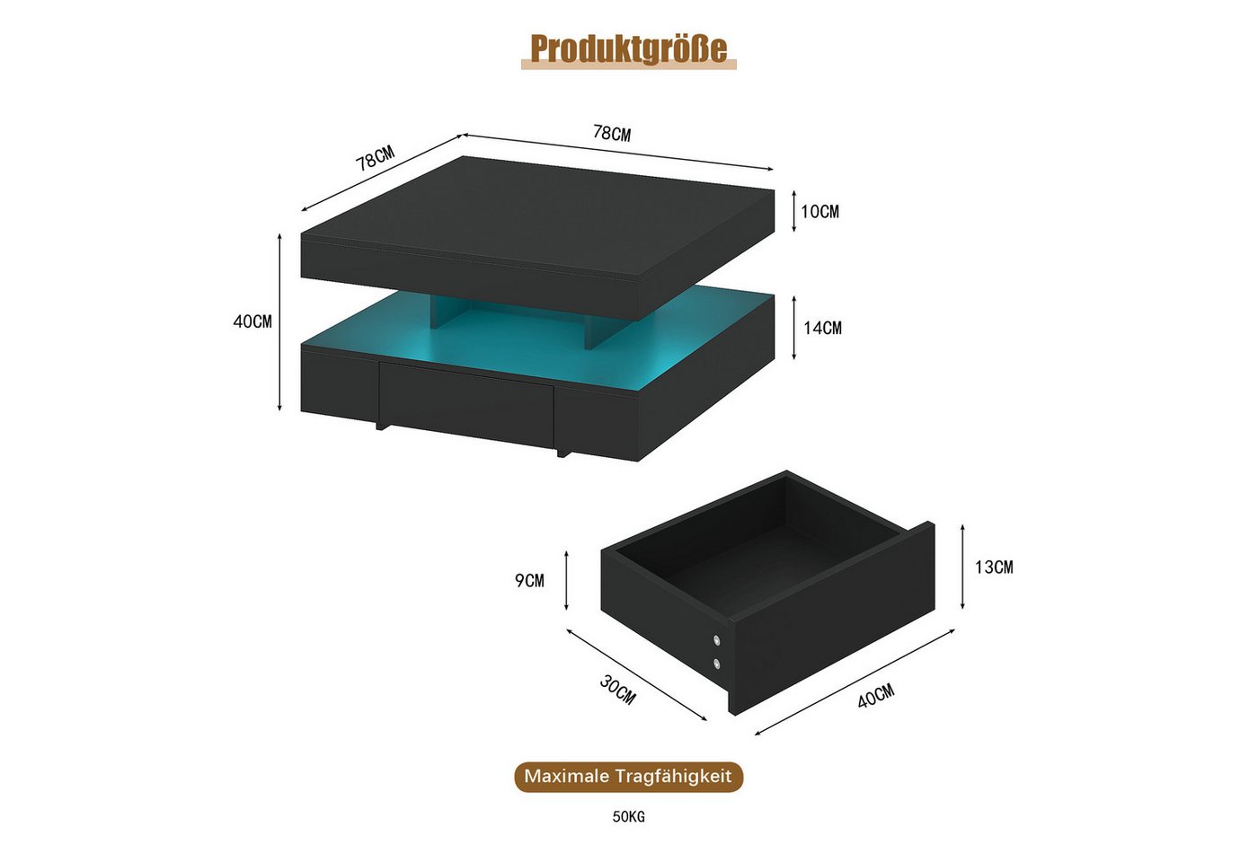 radelldar Couchtisch mit LED-Beleuchtung, 2 Schubladen und verdecktem Stauraum (1-St), Wohnzimmertisch matt 78x78x40 cm – Bild 2 von 5
