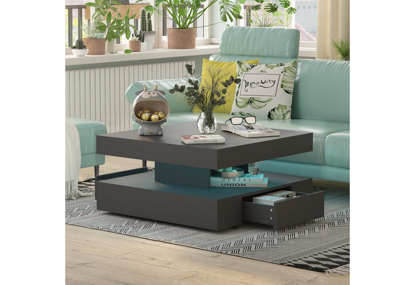 radelldar Couchtisch mit LED-Beleuchtung, 2 Schubladen und verdecktem Stauraum (1-St), Wohnzimmertisch matt 78x78x40 cm – Bild 3 von 5