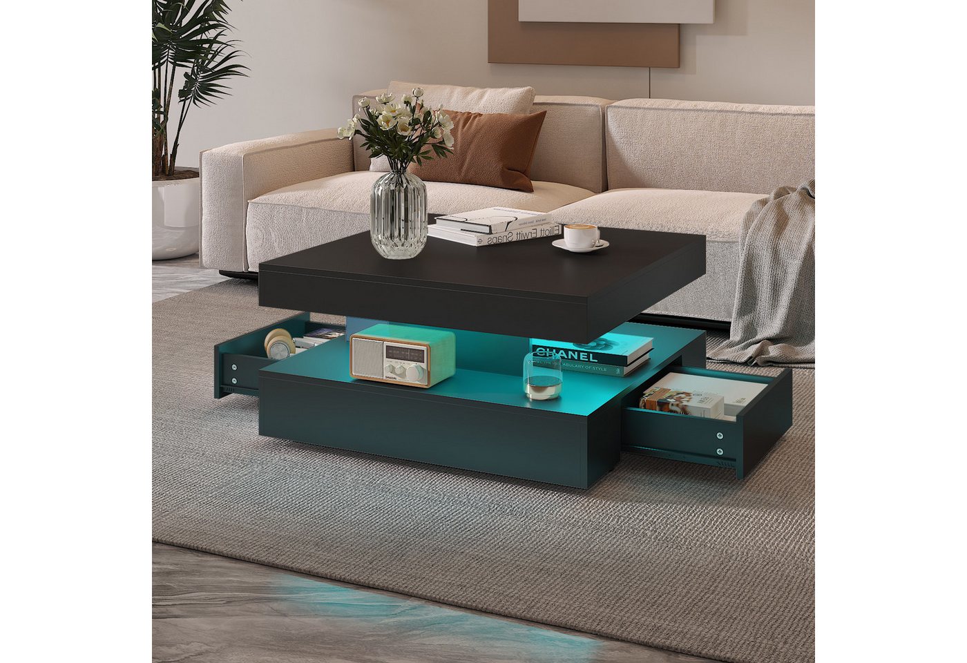 radelldar Couchtisch mit LED-Beleuchtung, 2 Schubladen und verdecktem Stauraum (1-St), Wohnzimmertisch matt 78x78x40 cm – Bild 4 von 5