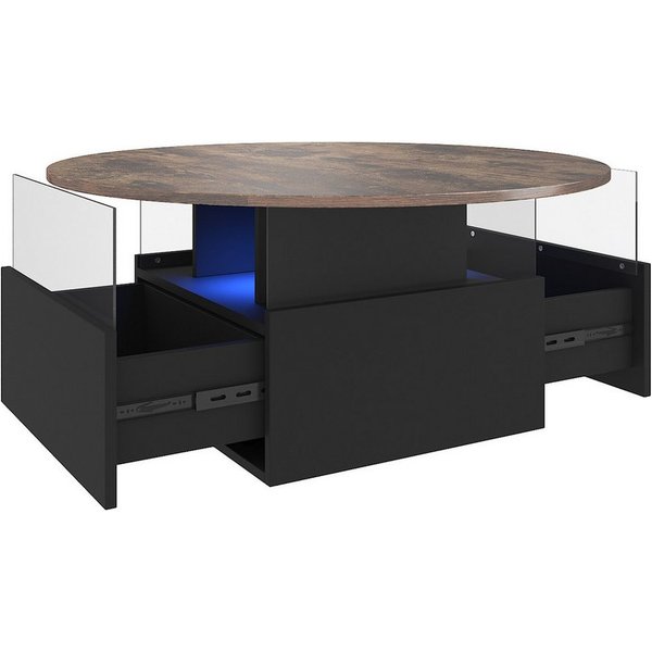 radelldar Couchtisch mit LED-Beleuchtung und 2 Schubladen, Wohnzimmertisch 80x40cm (1-St), Beistelltisch mit runder Platte und extra Ausstellungsfläche