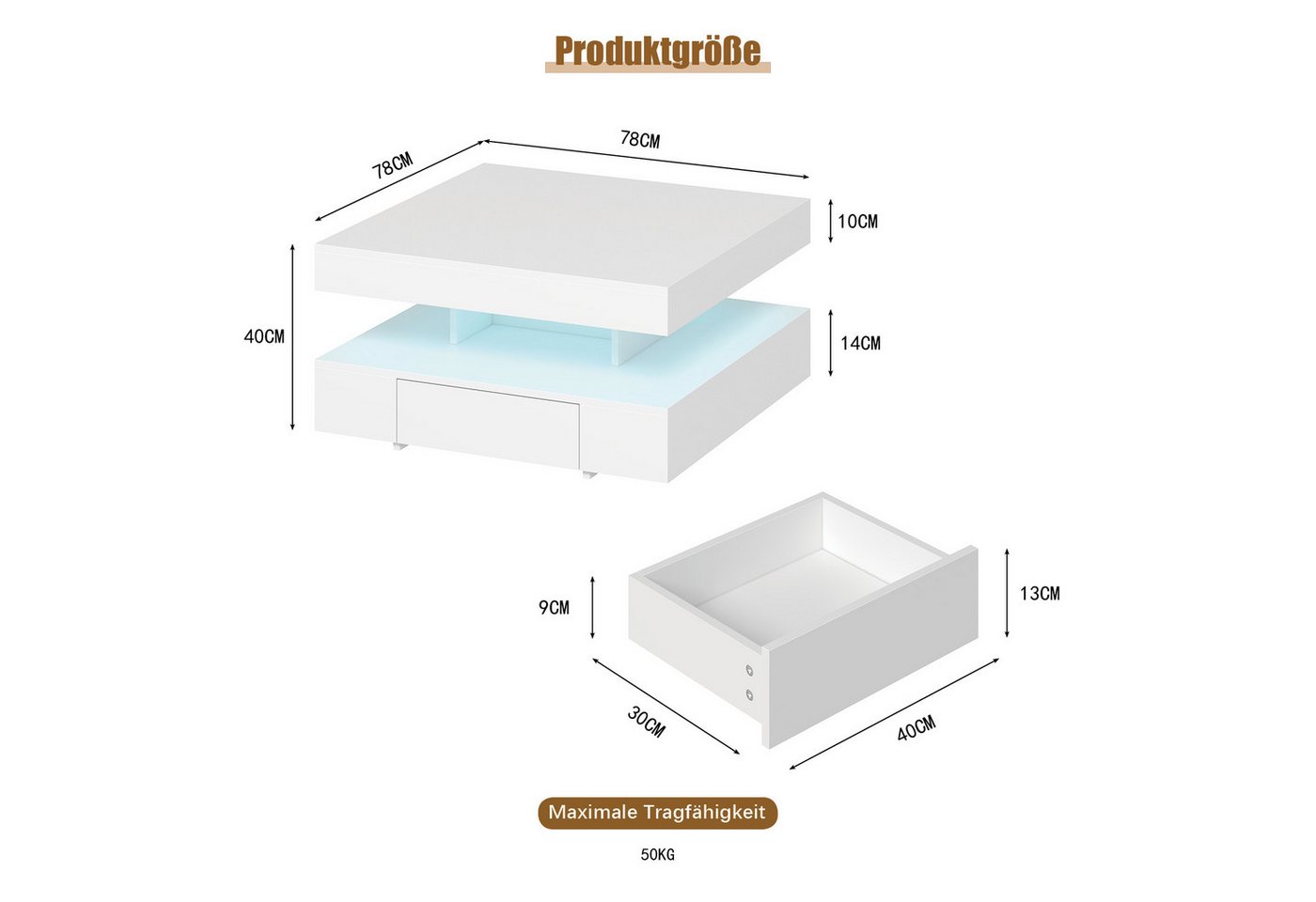 radelldar Couchtisch mit LED-Beleuchtung, 2 Schubladen und verdecktem Stauraum (1-St), Wohnzimmertisch matt 78x78x40 cm – Bild 2 von 5