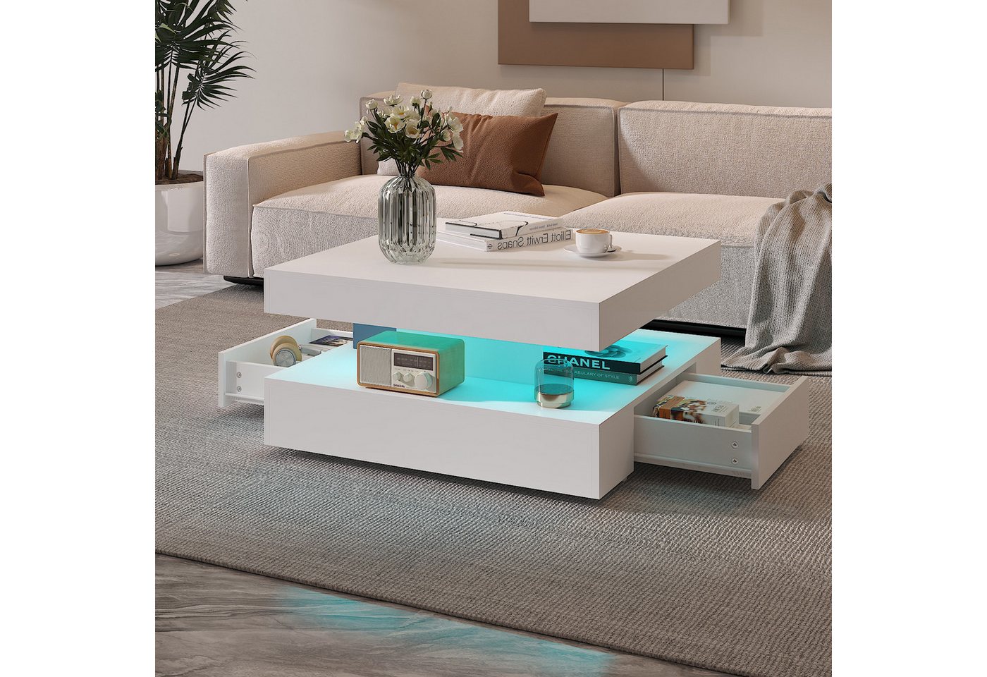 radelldar Couchtisch mit LED-Beleuchtung, 2 Schubladen und verdecktem Stauraum (1-St), Wohnzimmertisch matt 78x78x40 cm – Bild 4 von 5