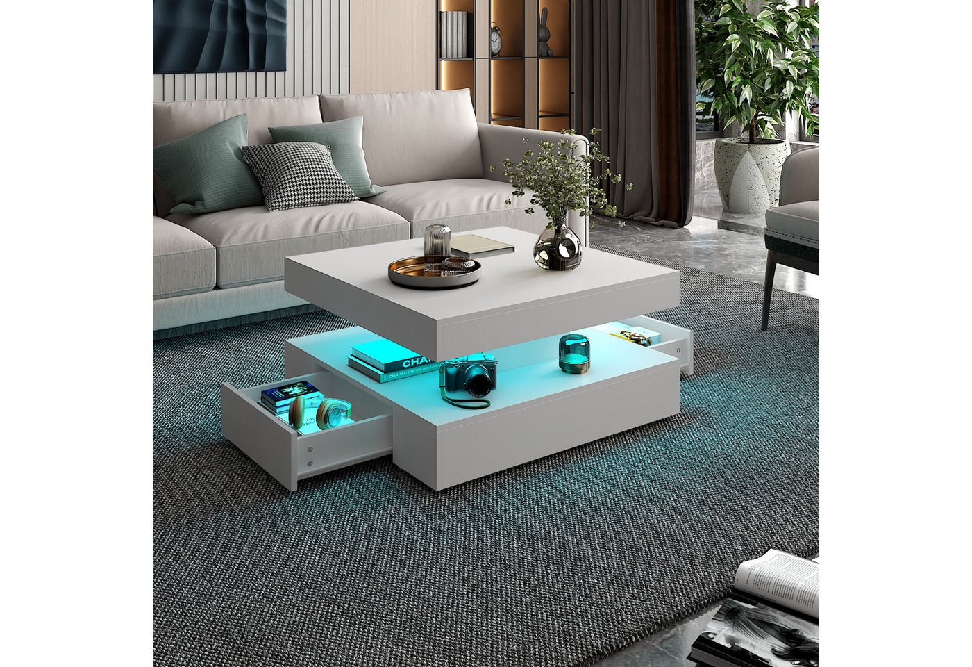 radelldar Couchtisch mit LED-Beleuchtung, 2 Schubladen und verdecktem Stauraum (1-St), Wohnzimmertisch matt 78x78x40 cm – Bild 5 von 5