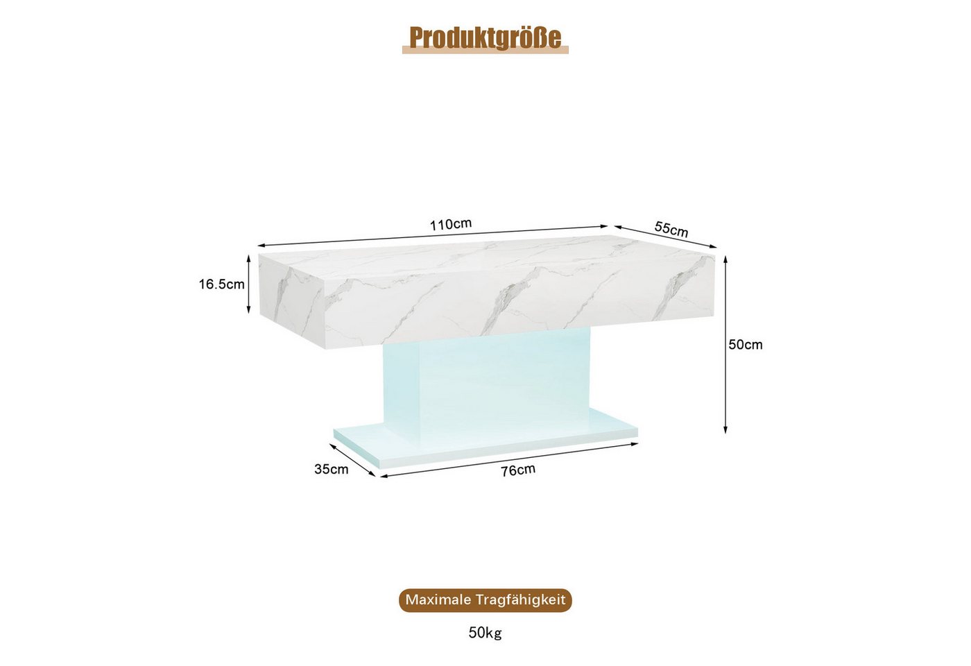 radelldar Couchtisch Wohnzimmertisch Hochglanz mit LED-Beleuchtung, Moderner Stil (1-St), Maße 110x55x50 cm, USB-Betrieb – Bild 2 von 5