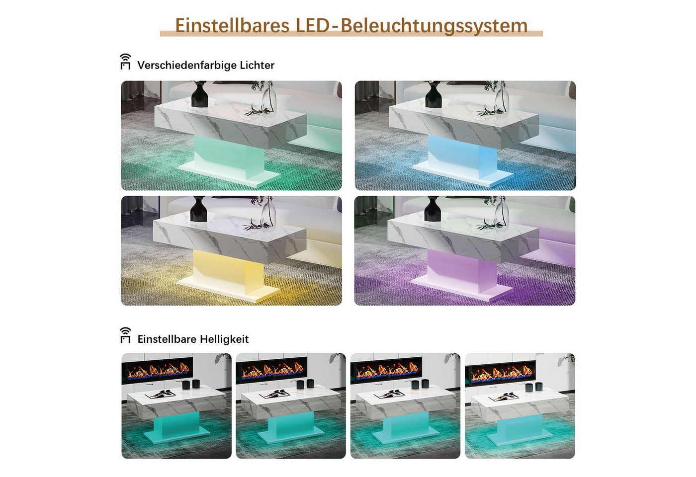 radelldar Couchtisch Wohnzimmertisch Hochglanz mit LED-Beleuchtung, Moderner Stil (1-St), Maße 110x55x50 cm, USB-Betrieb – Bild 5 von 5