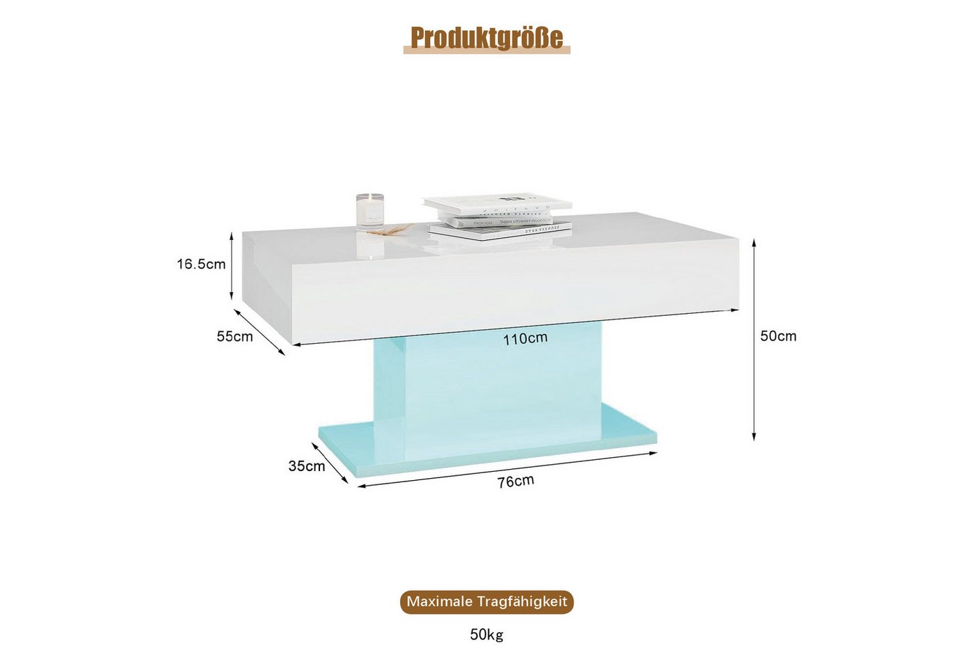 radelldar Couchtisch Wohnzimmertisch Hochglanz mit LED-Beleuchtung, Moderner Stil (1-St), Maße 110x55x50 cm, USB-Betrieb – Bild 2 von 5