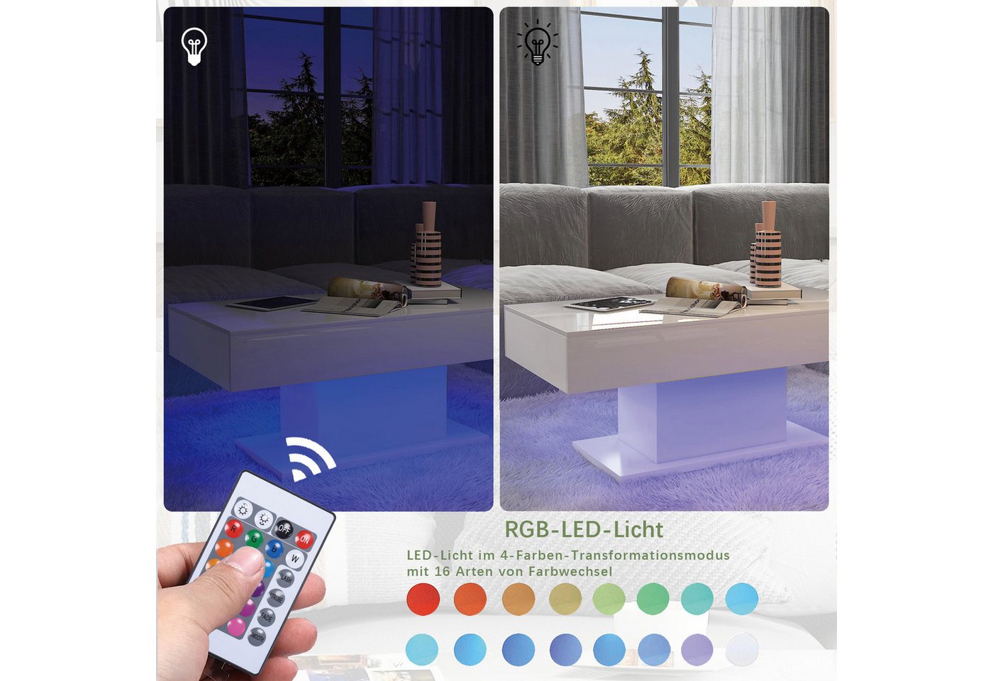 radelldar Couchtisch Wohnzimmertisch Hochglanz mit LED-Beleuchtung, Moderner Stil (1-St), Maße 110x55x50 cm, USB-Betrieb – Bild 4 von 5