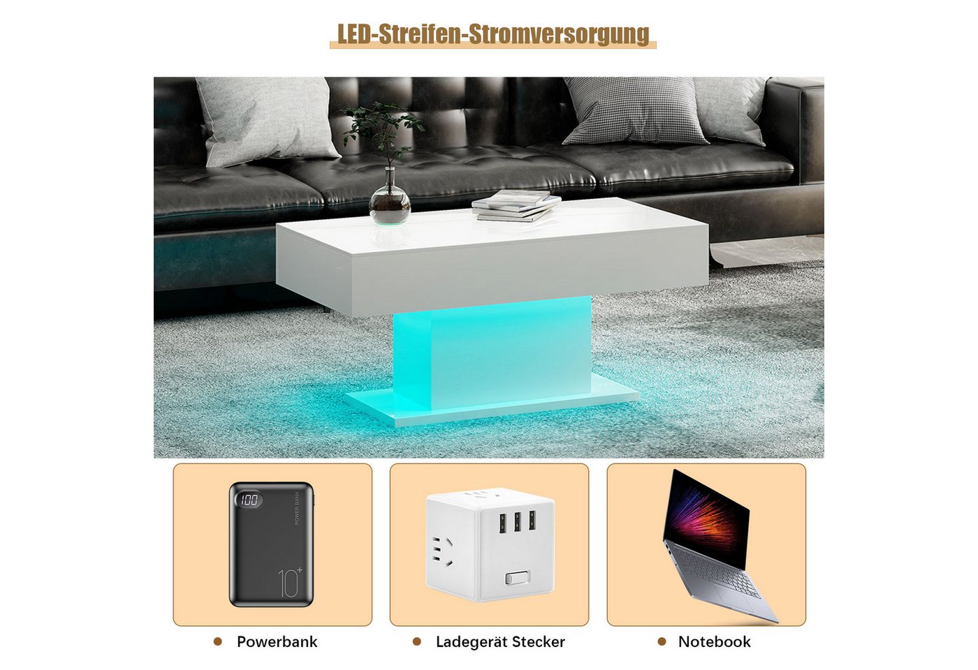 radelldar Couchtisch Wohnzimmertisch Hochglanz mit LED-Beleuchtung, Moderner Stil (1-St), Maße 110x55x50 cm, USB-Betrieb – Bild 5 von 5