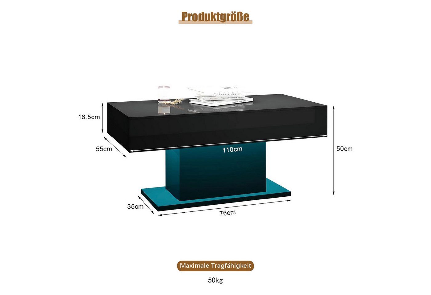 radelldar Couchtisch Wohnzimmertisch Hochglanz mit LED-Beleuchtung, Moderner Stil (1-St), Maße 110x55x50 cm, USB-Betrieb – Bild 2 von 5