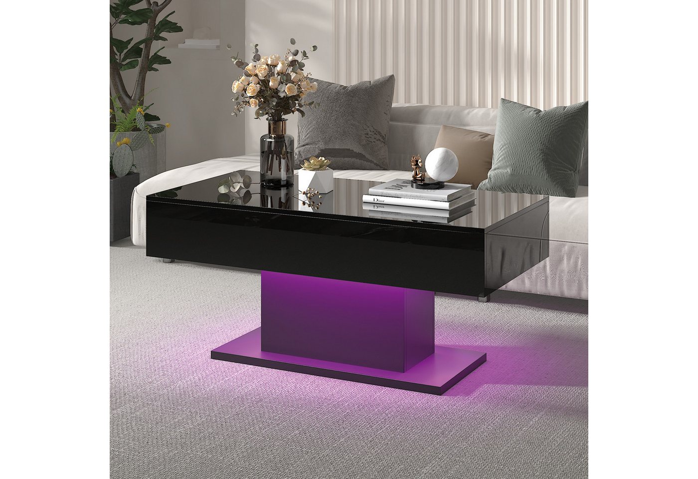 radelldar Couchtisch Wohnzimmertisch Hochglanz mit LED-Beleuchtung, Moderner Stil (1-St), Maße 110x55x50 cm, USB-Betrieb – Bild 3 von 5