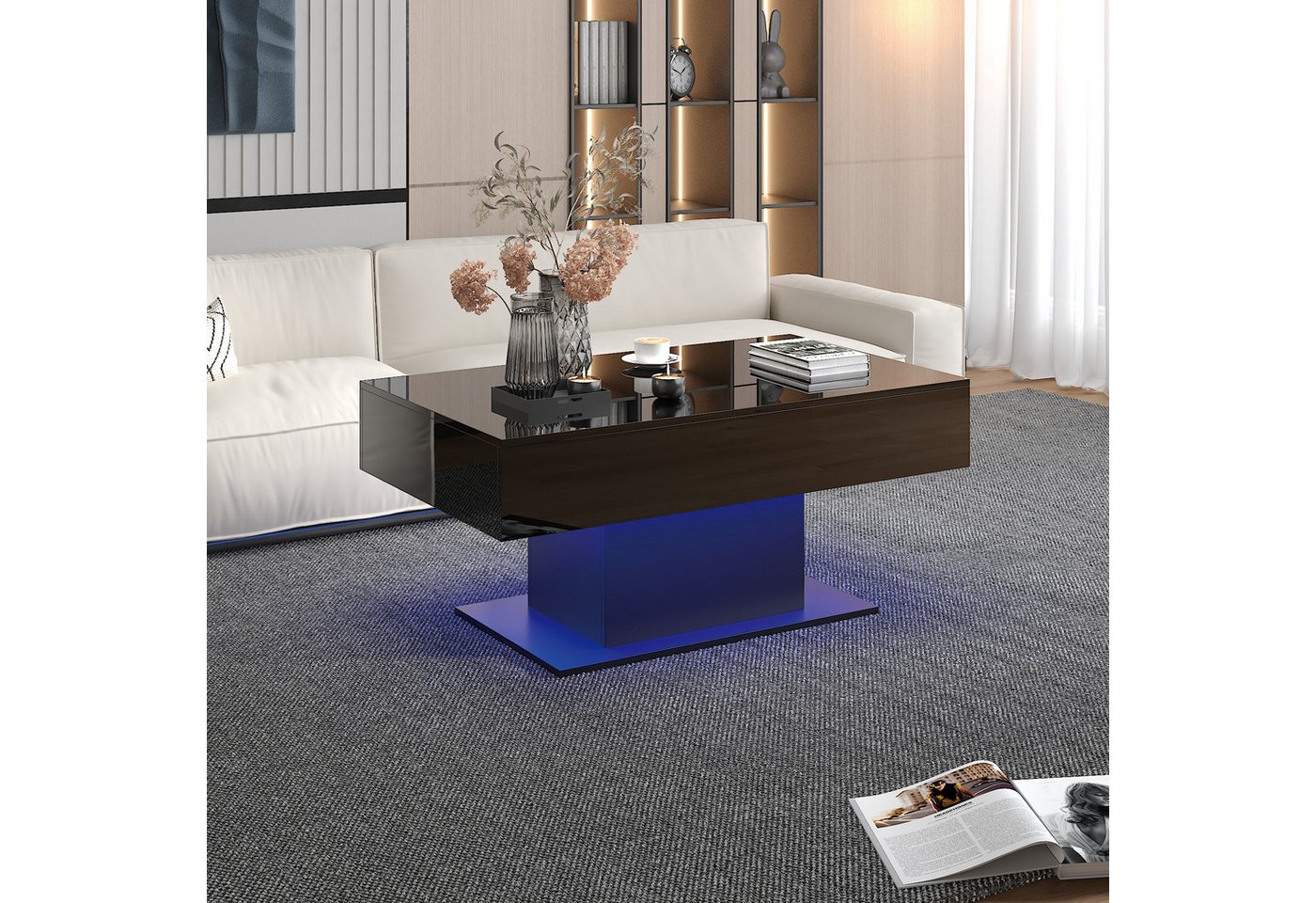 radelldar Couchtisch Wohnzimmertisch Hochglanz mit LED-Beleuchtung, Moderner Stil (1-St), Maße 110x55x50 cm, USB-Betrieb – Bild 4 von 5