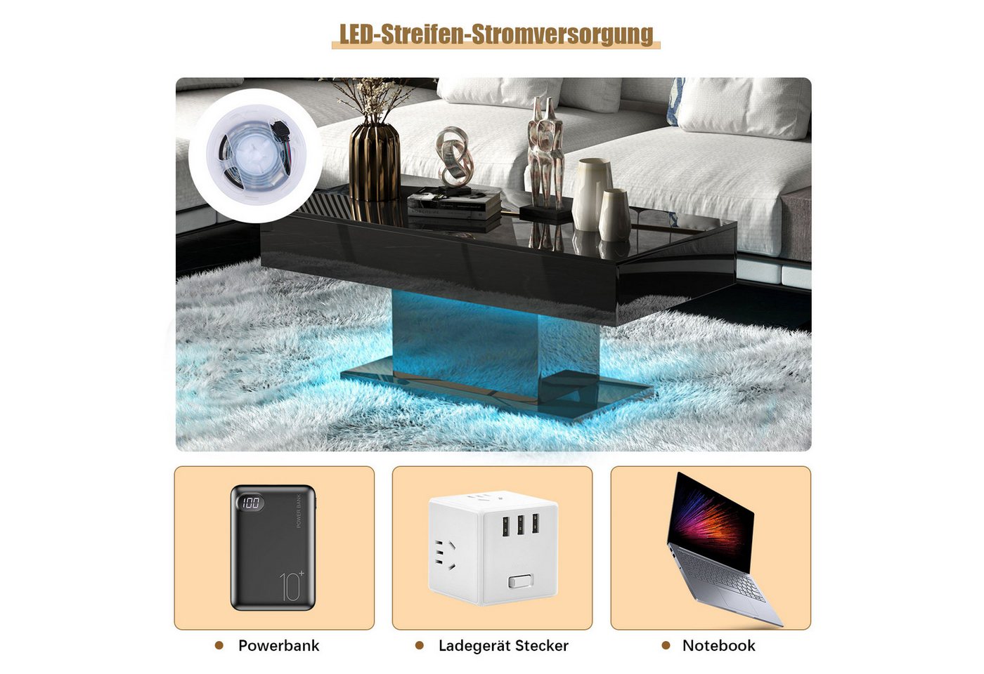 radelldar Couchtisch Wohnzimmertisch Hochglanz mit LED-Beleuchtung, Moderner Stil (1-St), Maße 110x55x50 cm, USB-Betrieb – Bild 5 von 5