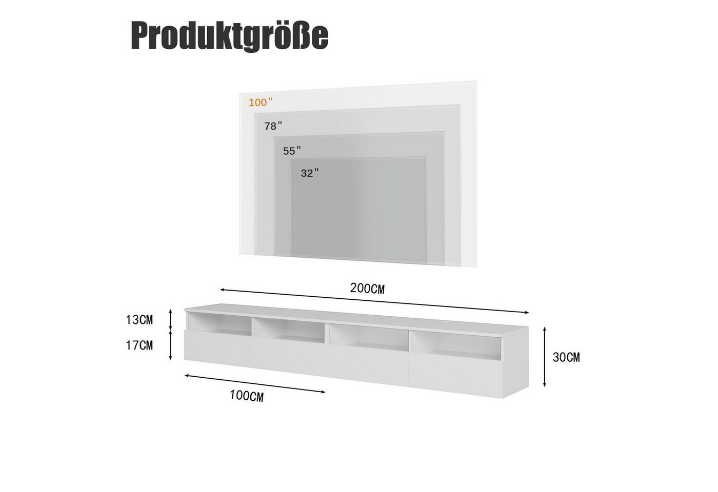 radelldar Lowboard mit LED-Beleuchtung, TV-Schrank, hängend (2 St), 200 cm breit, griffloses TV-Board, 4 Schubladen mit Acryl – Bild 2 von 5