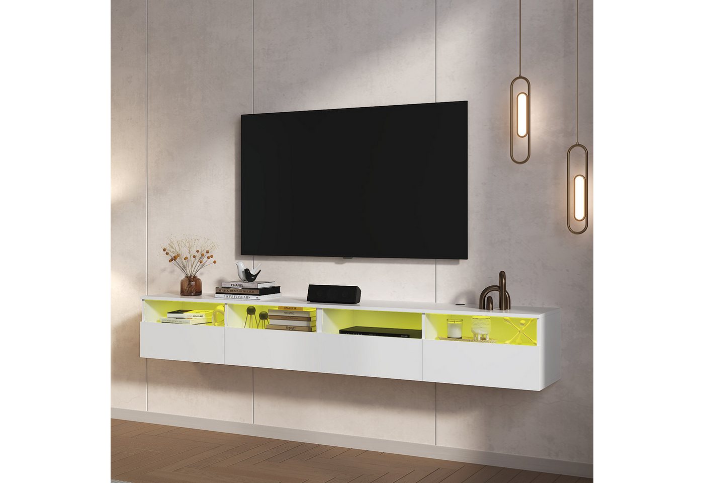 radelldar Lowboard mit LED-Beleuchtung, TV-Schrank, hängend (2 St), 200 cm breit, griffloses TV-Board, 4 Schubladen mit Acryl – Bild 3 von 5