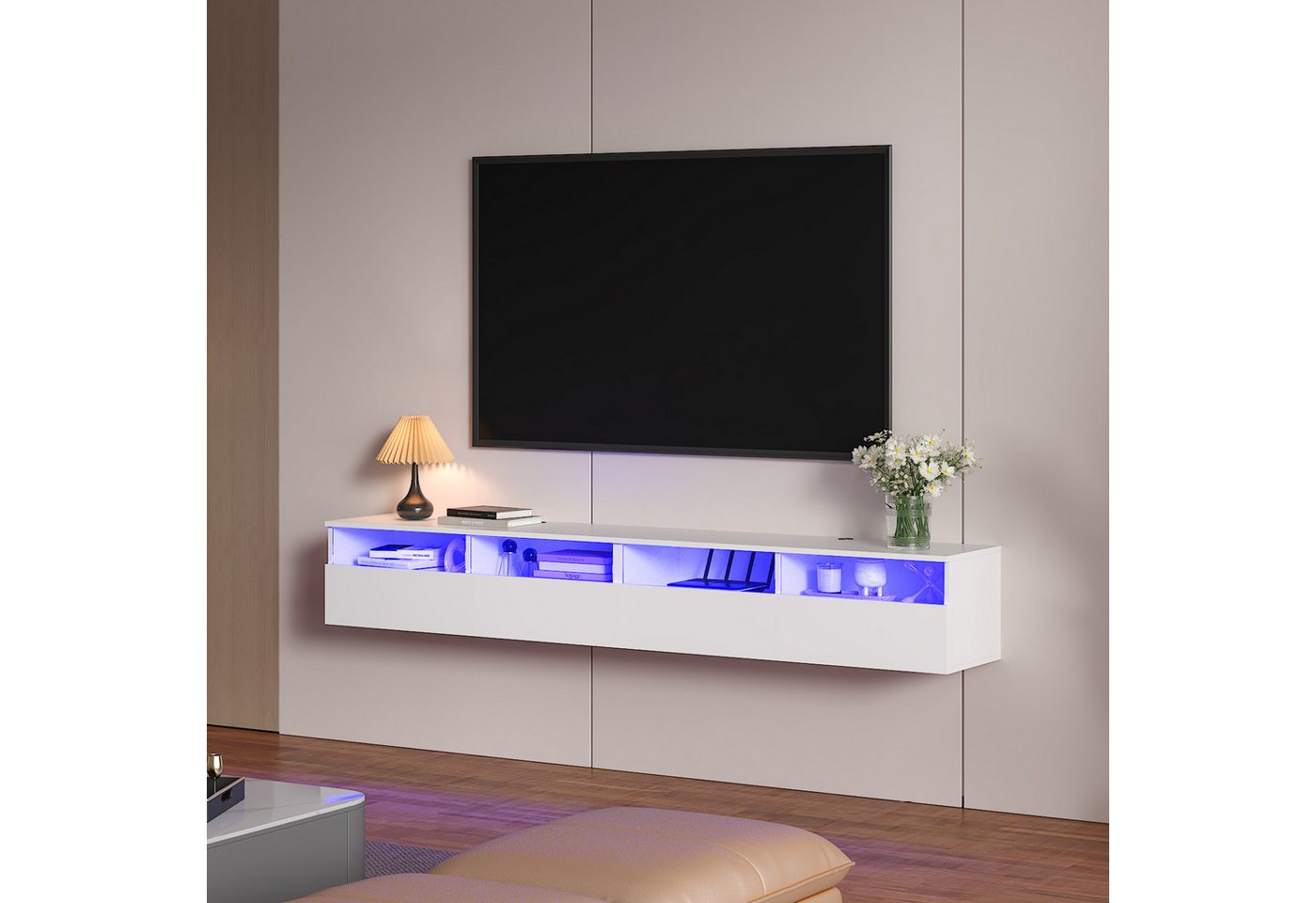 radelldar Lowboard mit LED-Beleuchtung, TV-Schrank, hängend (2 St), 200 cm breit, griffloses TV-Board, 4 Schubladen mit Acryl – Bild 4 von 5