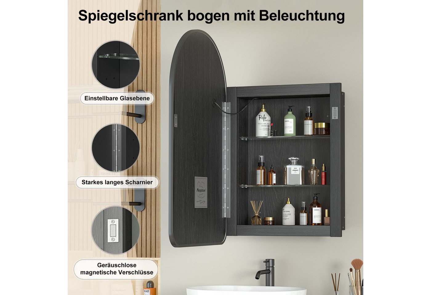 radelldar Spiegelschrank Badschrank, Hängeschrank mit Spiegel Wandschrank (1-St) Badezimmerschrank mit LED-Beleuchtung, 42x68 cm – Bild 5 von 5
