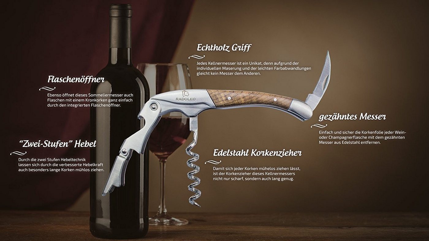 RADOLEO Korkenzieher Kellnermesser PADAUK Wein Flaschenöffner Profi Sommeliermesser – Bild 4 von 5
