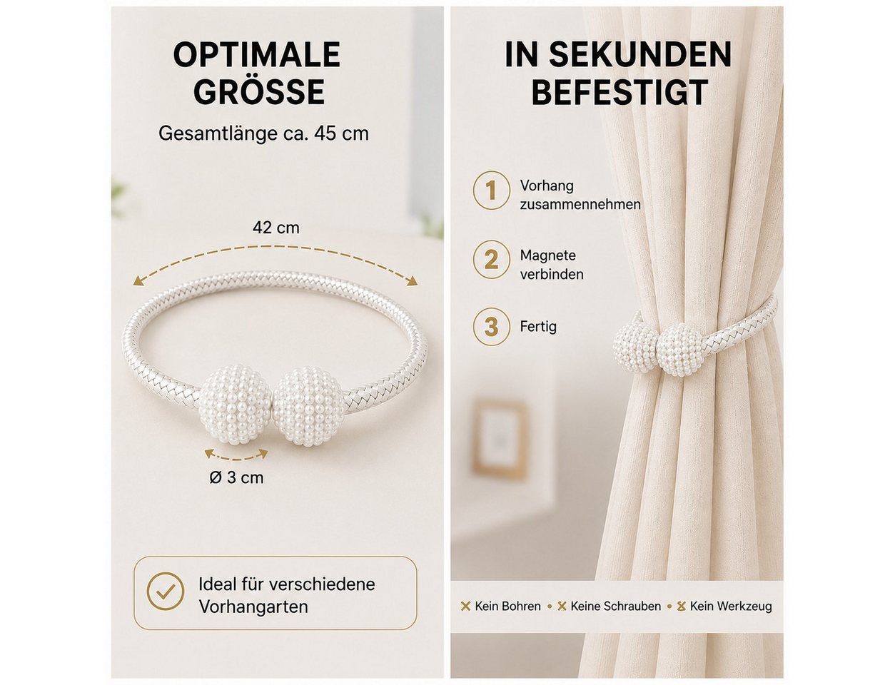 ELANOX Raffhalter ELANOX Magnetische Raffhalter 2er Set mit Perlen für Vorhänge, alle Gardinen, (2 Stück) – Bild 5 von 5