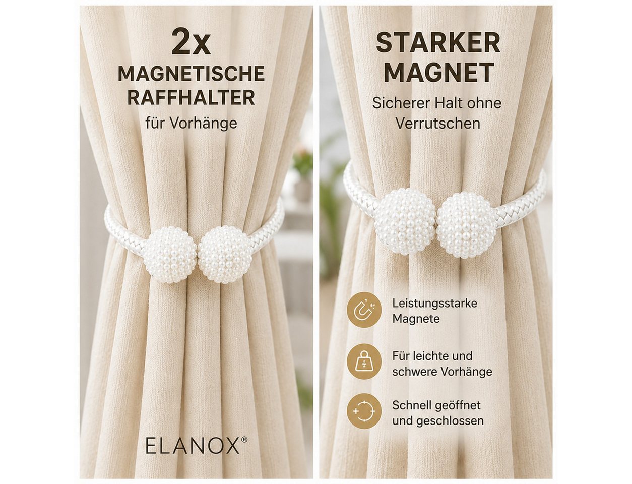ELANOX Raffhalter ELANOX Magnetische Raffhalter 2er Set mit Perlen für Vorhänge, alle Gardinen, (2 Stück) – Bild 4 von 5