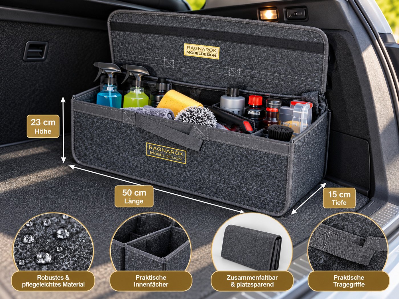 Ragnarök Möbel-Design Aufbewahrungsbox Aufbewahrungsbox Auto Kofferraumtasche – Organizer für Kofferraum, faltbar, Tragegriff, Klettverschluss – Bild 2 von 2