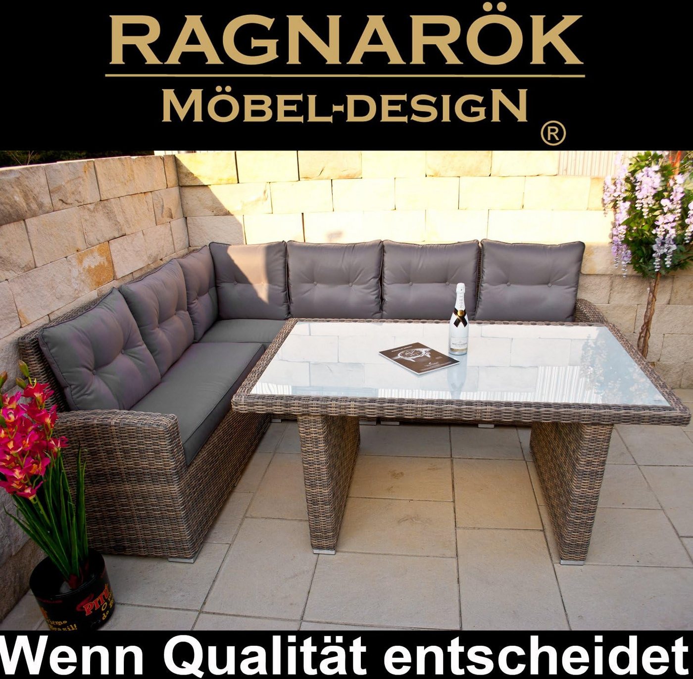 Ragnarök Möbel-Design Gartenlounge-Set Dining Lounge Wieland M, (Set, Ecksofa + Tisch, Polyrattan, inkl. aller Polster), integrierte Staufächer unter der Ecklou – Bild 2 von 4