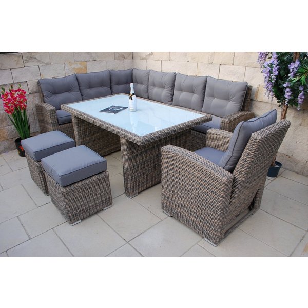 Ragnarök Möbel-Design Gartenlounge-Set Dining Lounge Wieland XL, (Set, 1 Ecklounge, 2x Hocker, 1x Hochlehner Sessel, Alu, Polyrattan), XXL Tisch 170×102 cm, 16 