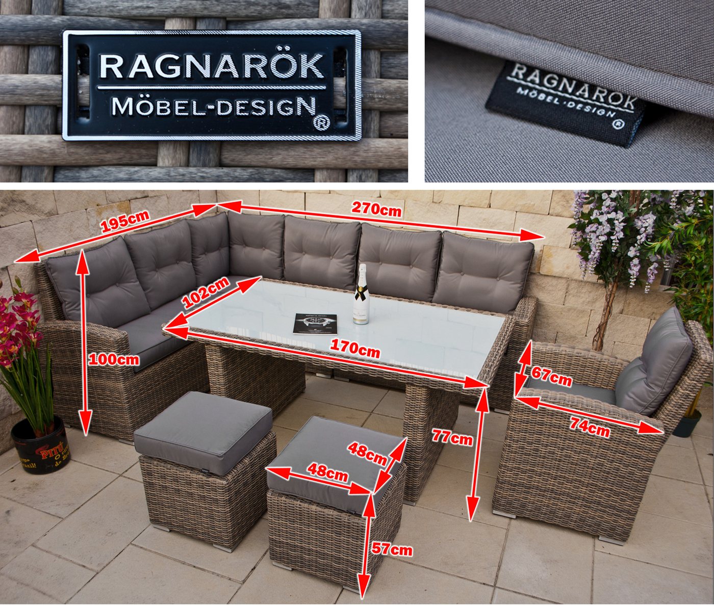 Ragnarök Möbel-Design Gartenlounge-Set Dining Lounge Wieland XL, (Set, 1 Ecklounge, 2x Hocker, 1x Hochlehner Sessel, Alu, Polyrattan), XXL Tisch 170×102 cm, 16  – Bild 2 von 5