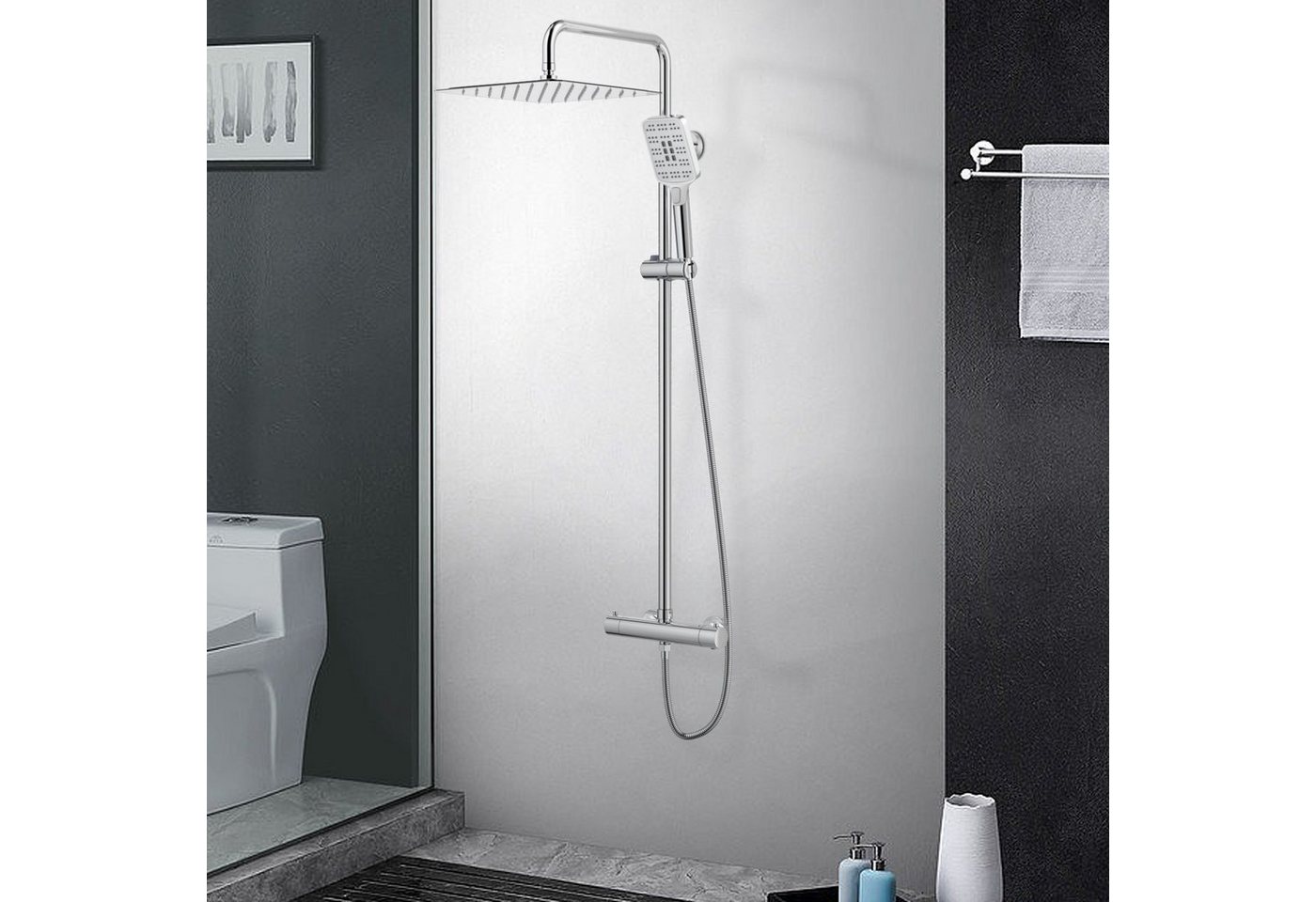 Rainsworth Duschsystem 3 Funktionen Duschsystem, Höhe 126 cm, Set, eckig Regenduschset mit Kopfbrause 20x20cm für Badezimmer, Chrom – Bild 2 von 5