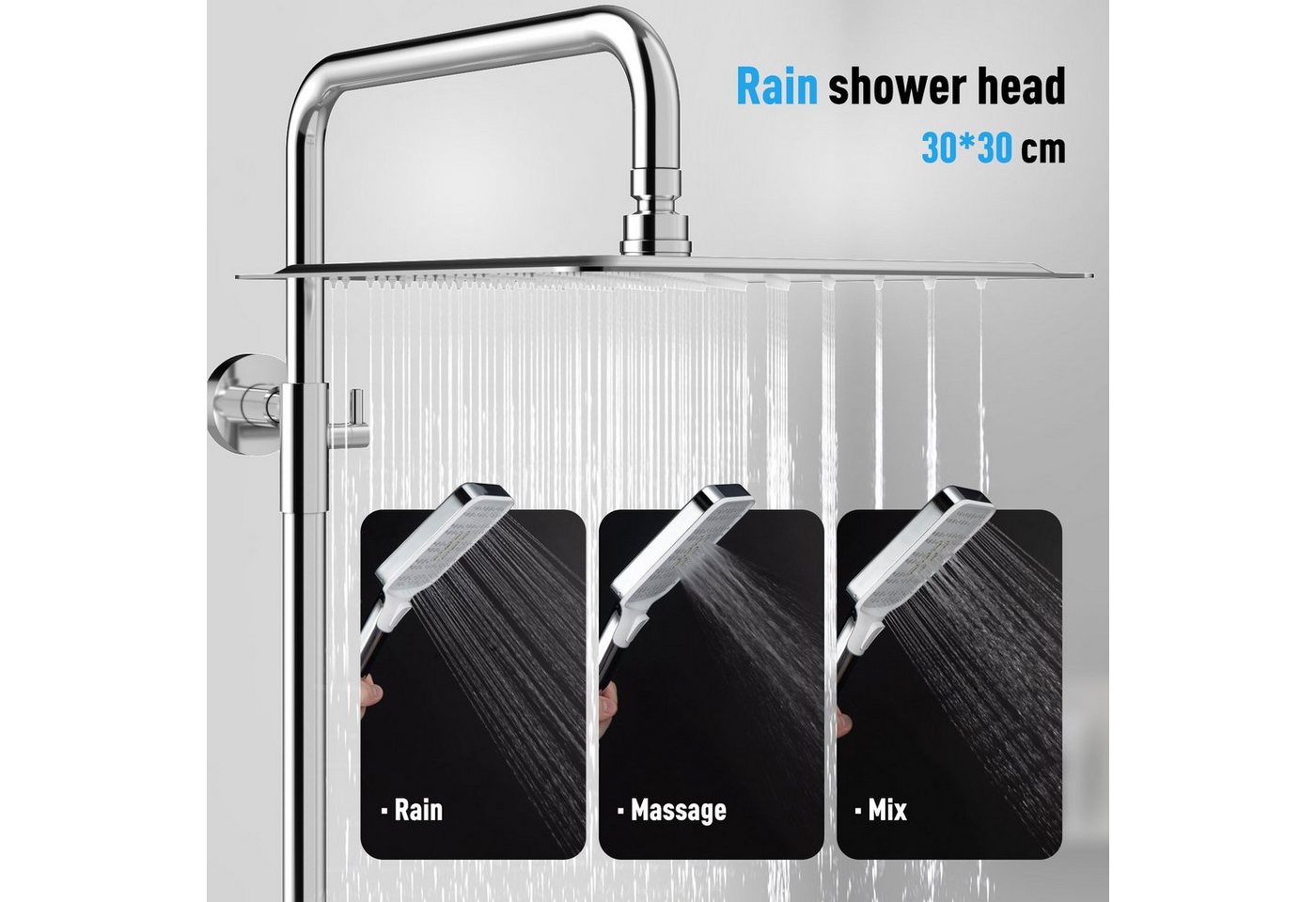 Rainsworth Duschsystem 3 Funktionen Duschsystem, Höhe 126 cm, Set, eckig Regenduschset mit Kopfbrause 20x20cm für Badezimmer, Chrom – Bild 3 von 5