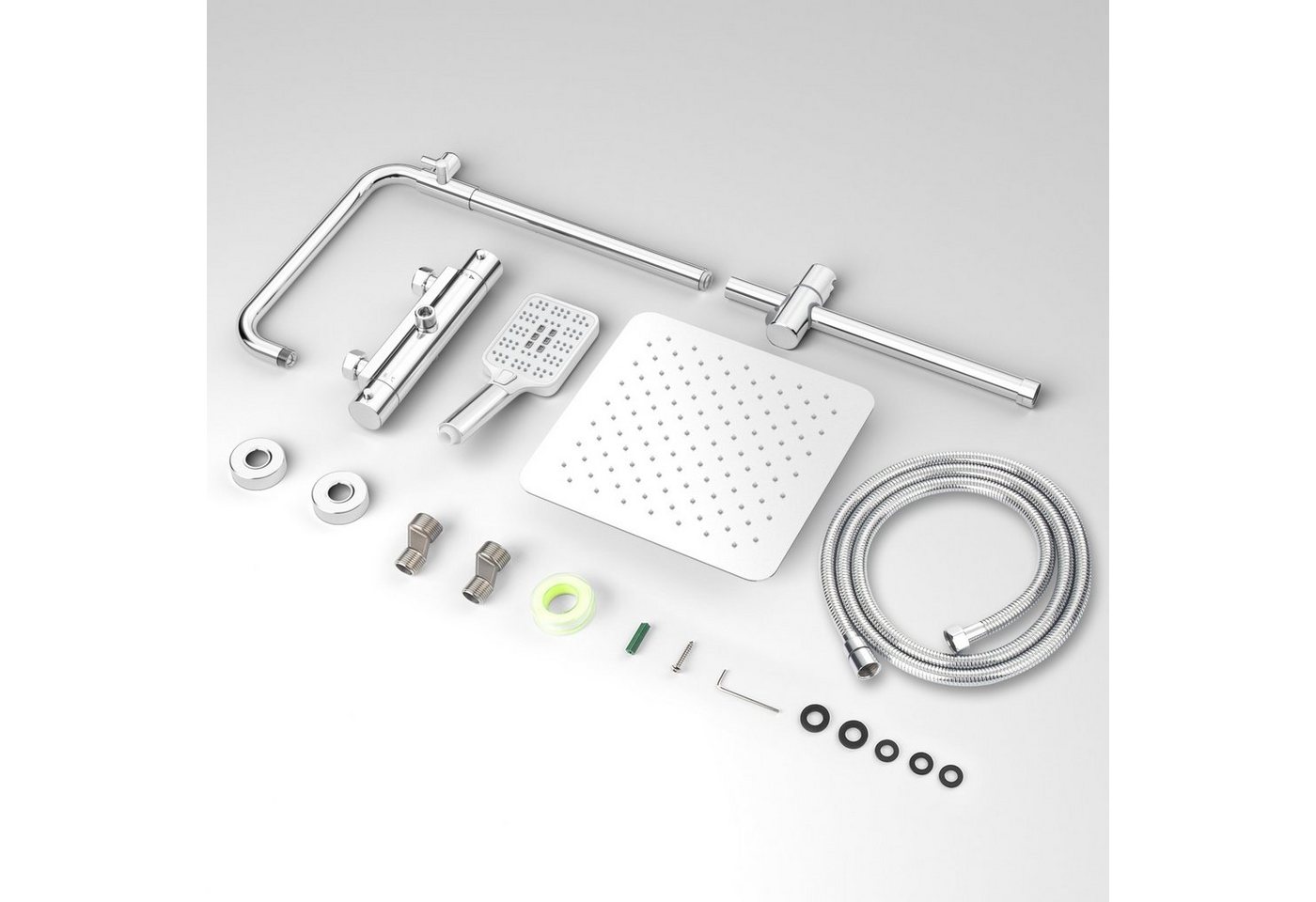 Rainsworth Duschsystem 3 Funktionen Duschsystem, Höhe 126 cm, Set, eckig Regenduschset mit Kopfbrause 20x20cm für Badezimmer, Chrom – Bild 5 von 5