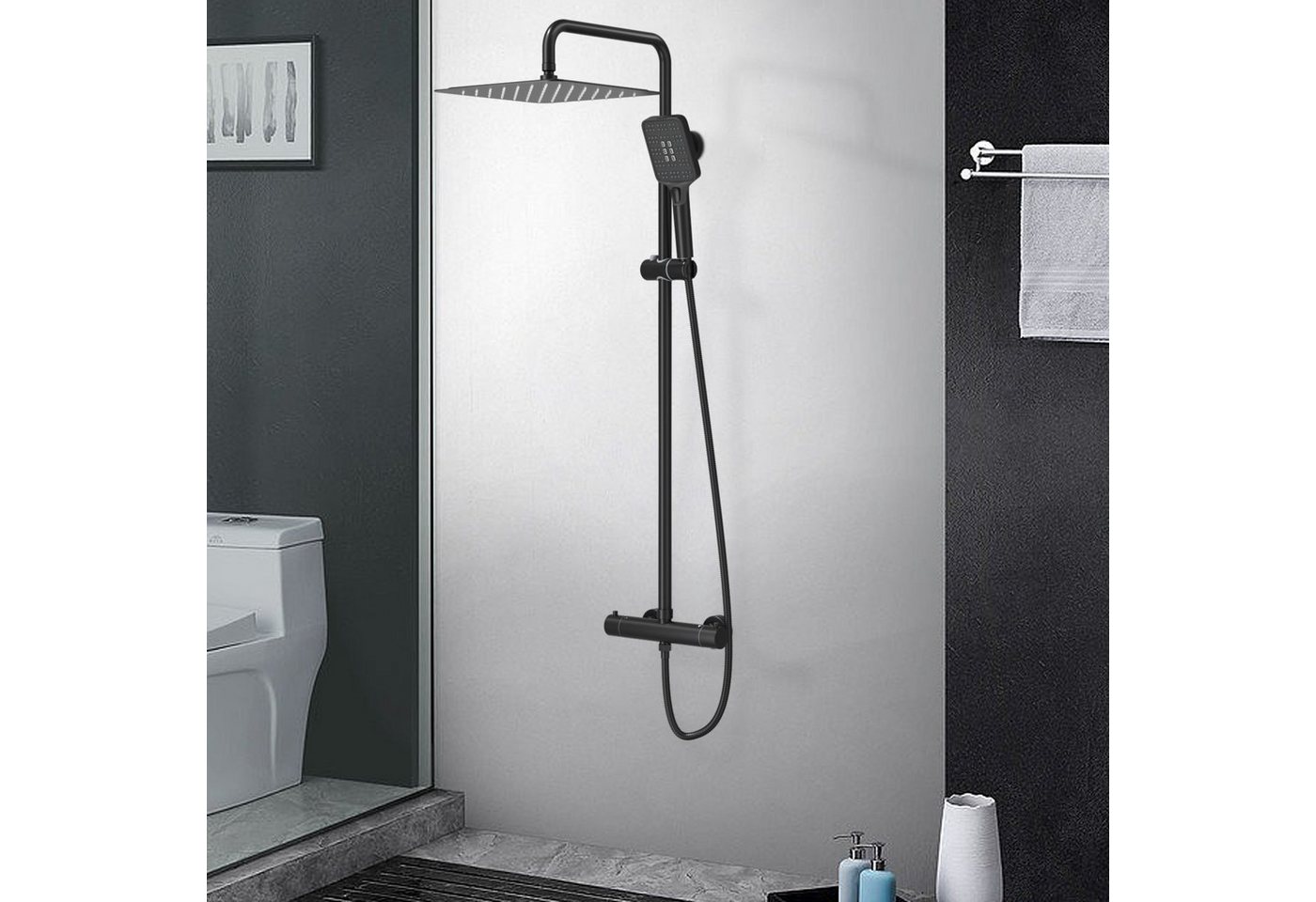 Rainsworth Duschsystem 3 Funktionen Duschsystem, Höhe 126 cm, Set, eckig Regenduschset mit Kopfbrause 20x20cm für Badezimmer, Chrom – Bild 2 von 5