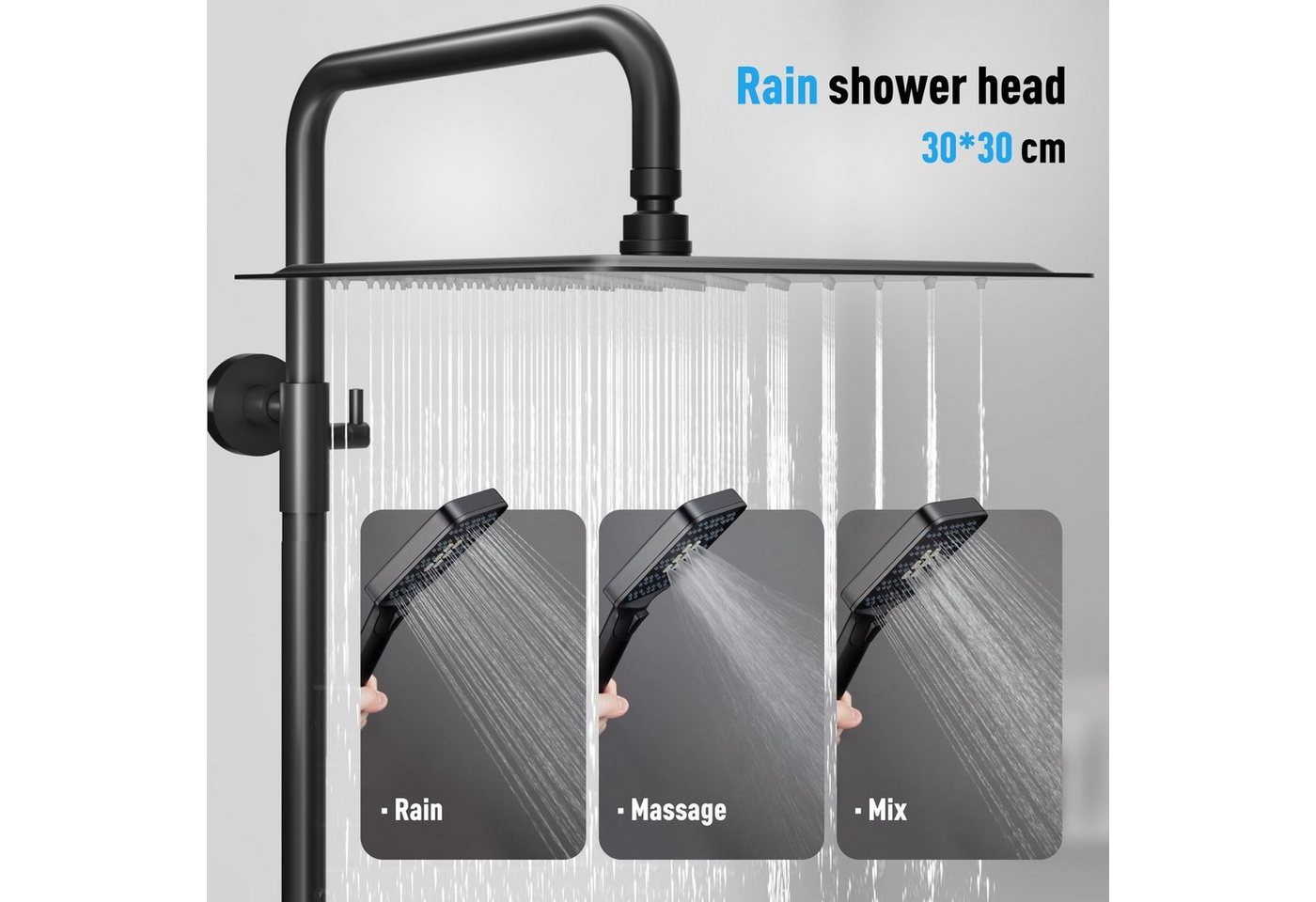 Rainsworth Duschsystem 3 Funktionen Duschsystem, Höhe 126 cm, Set, eckig Regenduschset mit Kopfbrause 20x20cm für Badezimmer, Chrom – Bild 3 von 5