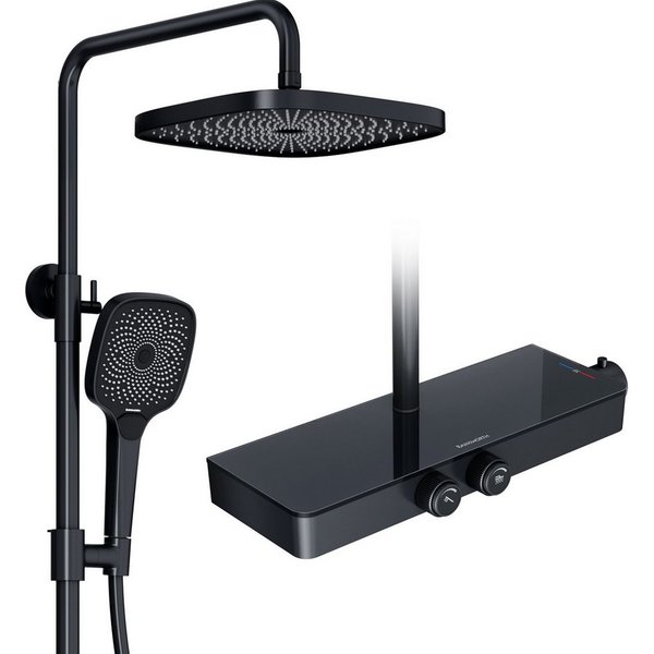 Rainsworth Duschsystem mit Thermostat und Glasablage, 3 Strahlart(en), 26x26 cm